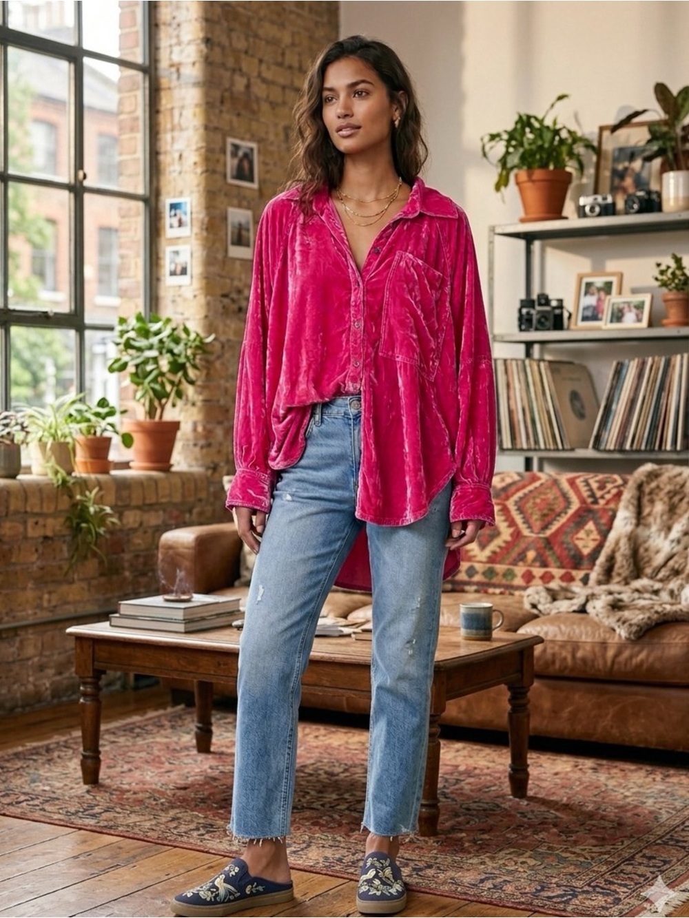 Free People We The Free Night Skies Velvet Button Down Top Dragon Fruit Sorbet M